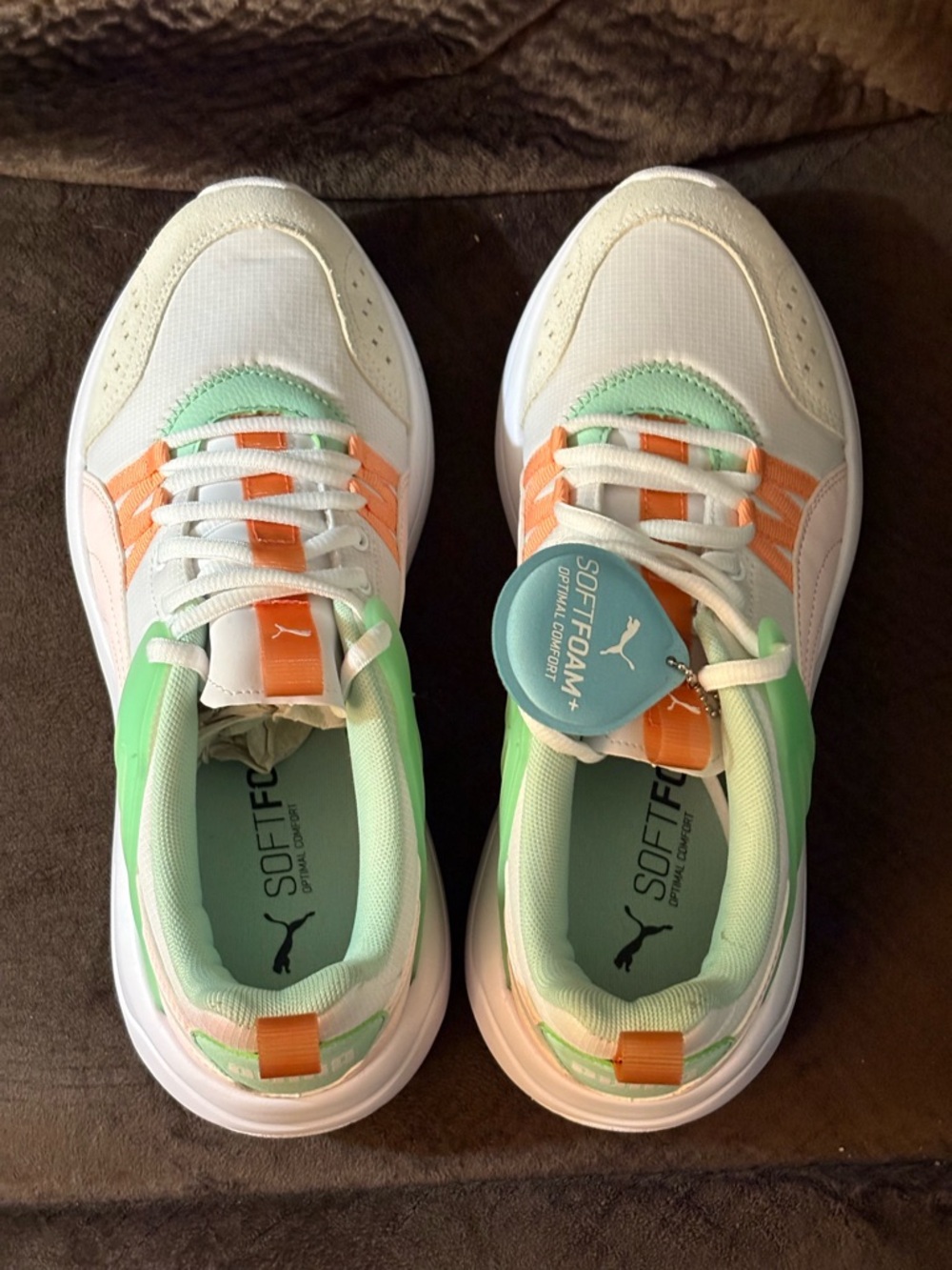 Puma White Sneakers with Mint Green & Coral Orange Accents. Size 9. EUC.